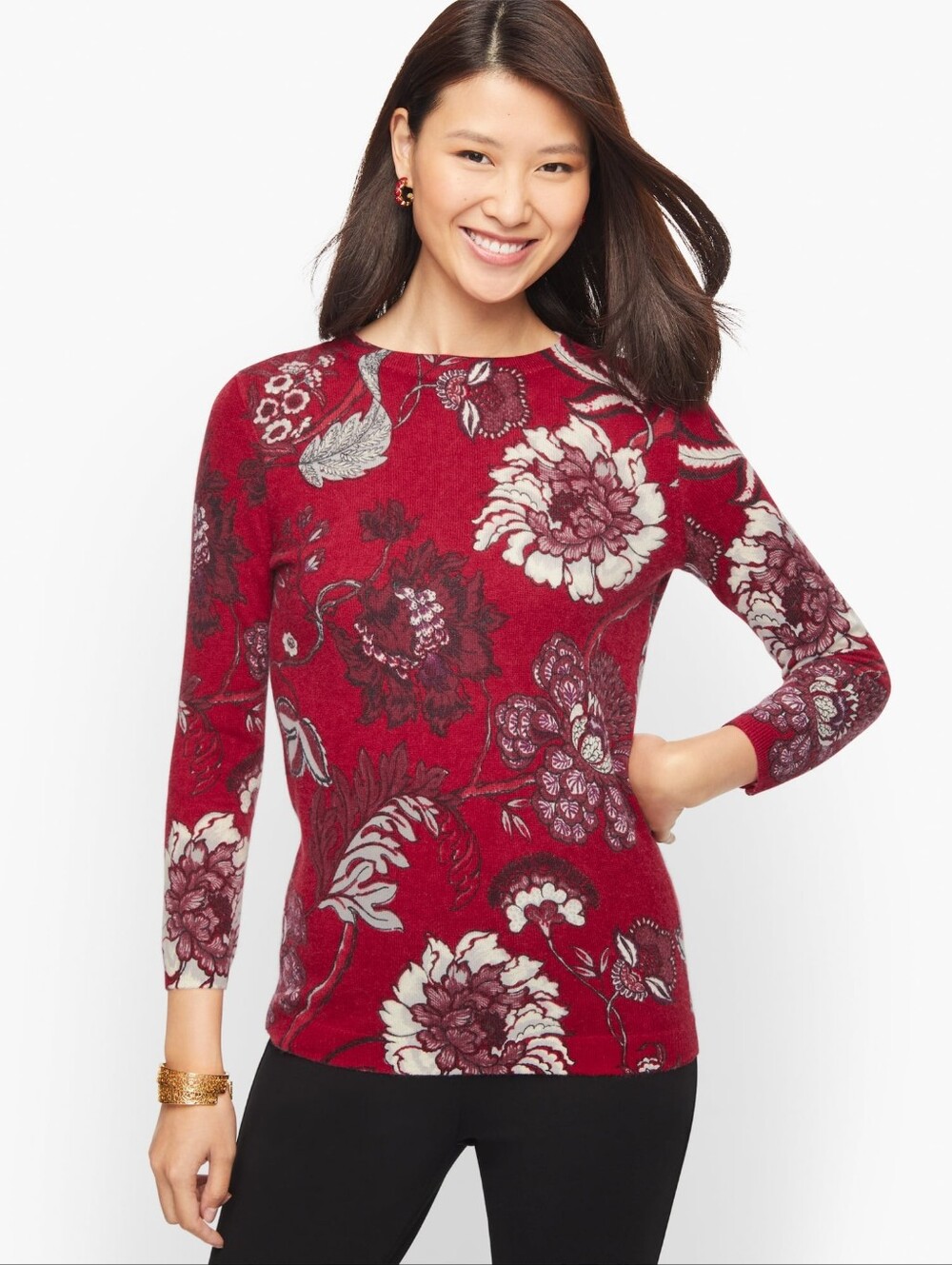 Talbots Audrey Cashmere Red Floral 3/4 Sleeve Sweater Has Small Hole